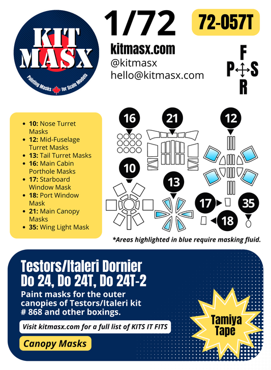 Testors/Italeri Dornier Do 24, Do 24T, Do 24T-2 1/72 Canopy Paint Masks, Kit # 868