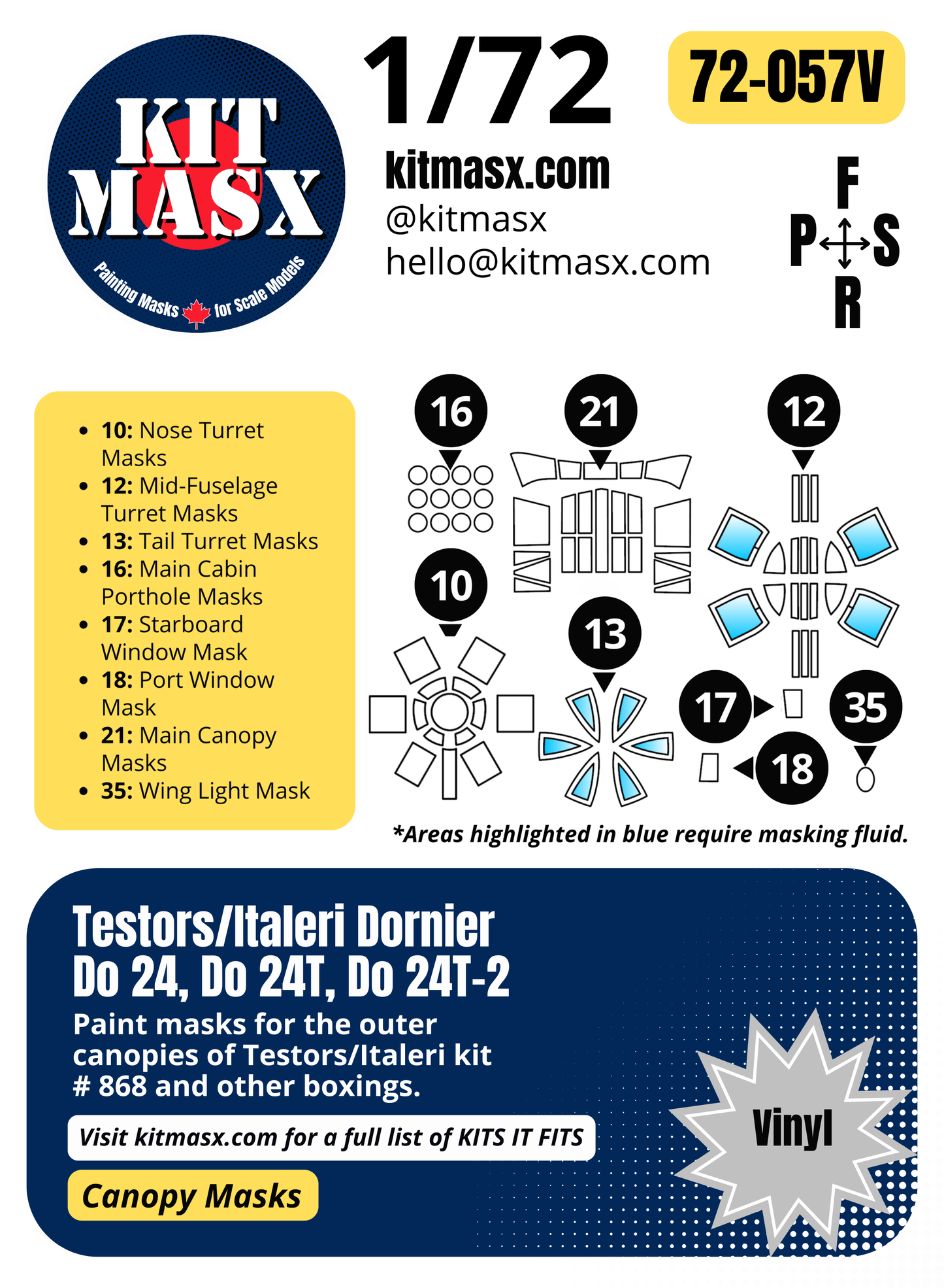 Testors/Italeri Dornier Do 24, Do 24T, Do 24T-2 1/72 Canopy Paint Masks, Kit # 868