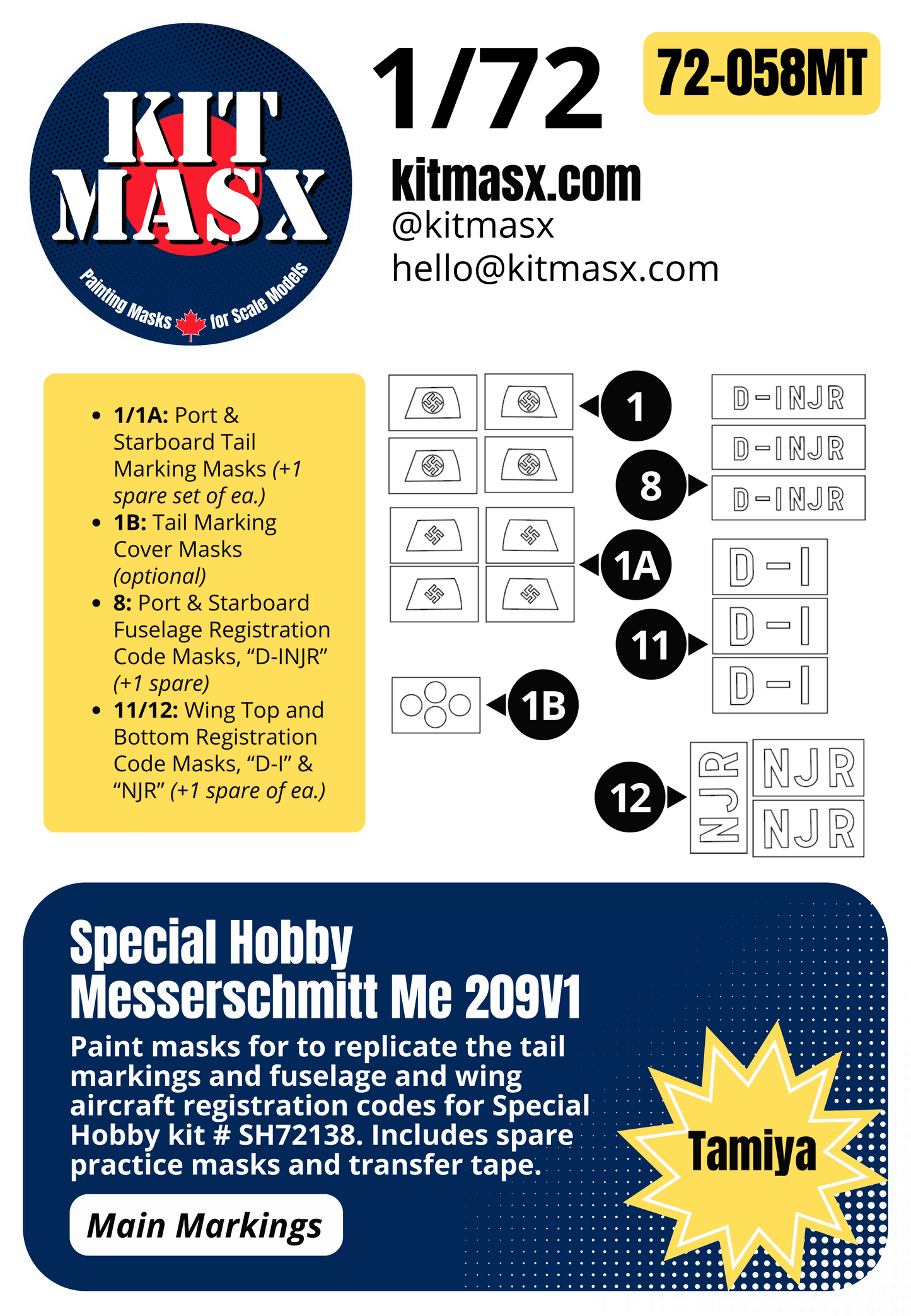 Special Hobby Messerschmitt Me 209V1 1/72 Main Marking Paint Masks, Kit # SH72138