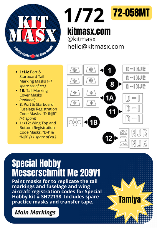 Special Hobby Messerschmitt Me 209V1 1/72 Main Marking Paint Masks, Kit # SH72138
