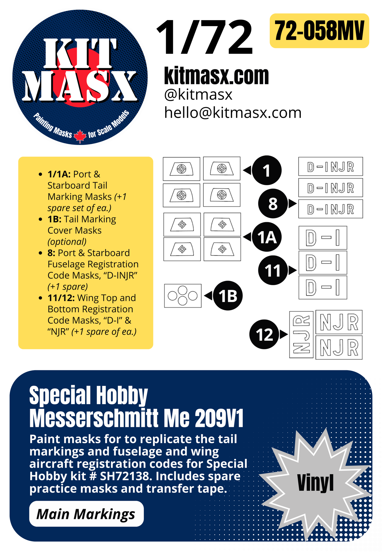 Special Hobby Messerschmitt Me 209V1 1/72 Main Marking Paint Masks, Kit # SH72138