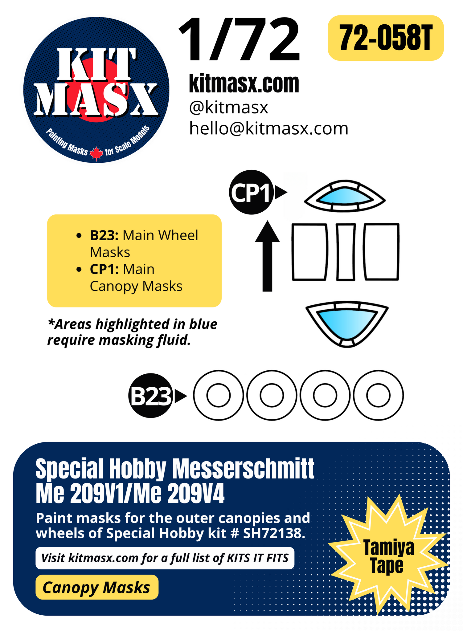 Special Hobby Messerschmitt Me 209V1/Me 209V4 1/72 Canopy & Wheel Paint Masks, Kit # SH72138