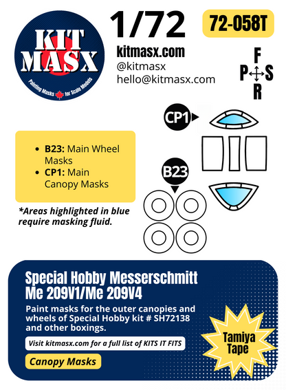 Special Hobby Messerschmitt Me 209V1/Me 209V4 1/72 Canopy & Wheel Paint Masks, Kit # SH72138
