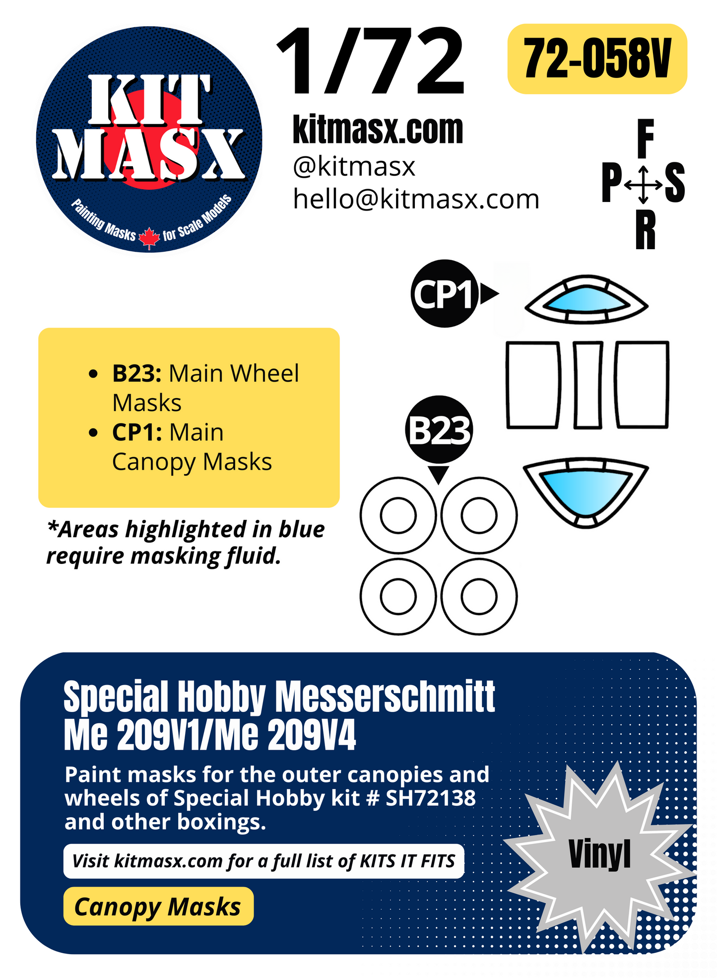Special Hobby Messerschmitt Me 209V1/Me 209V4 1/72 Canopy & Wheel Paint Masks, Kit # SH72138