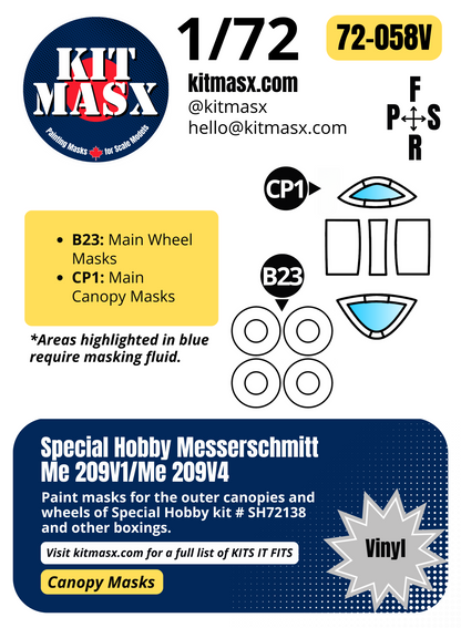 Special Hobby Messerschmitt Me 209V1/Me 209V4 1/72 Canopy & Wheel Paint Masks, Kit # SH72138