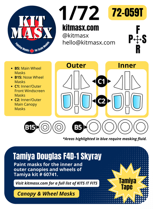 Tamiya Douglas F4D-1 Skyray 1/72 Canopy & Wheel Paint Masks, Kit # 60741