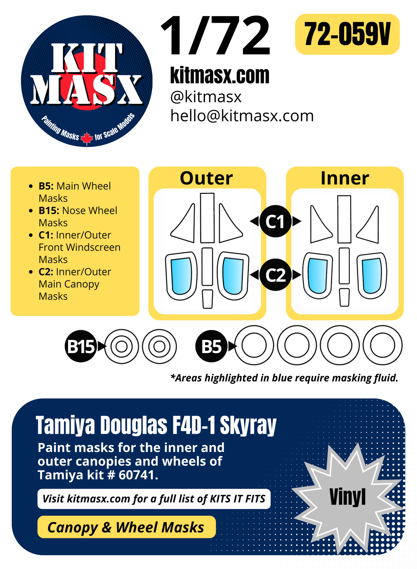 Tamiya Douglas F4D-1 Skyray 1/72 Canopy & Wheel Paint Masks, Kit # 60741