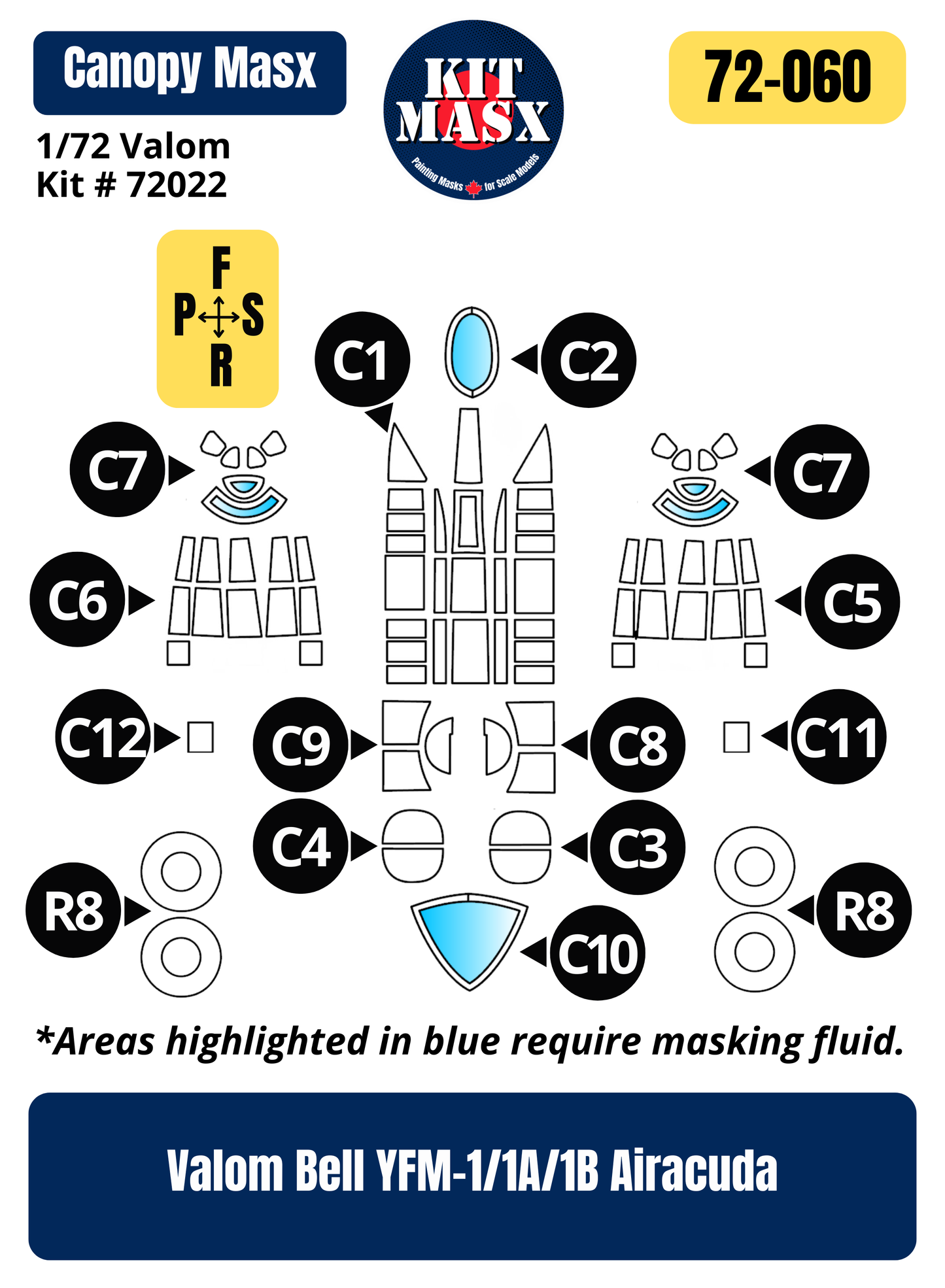 Valom Bell YFM-1/1A/1B Airacuda 1/72 Canopy & Wheel Paint Masks, Kit # 72022