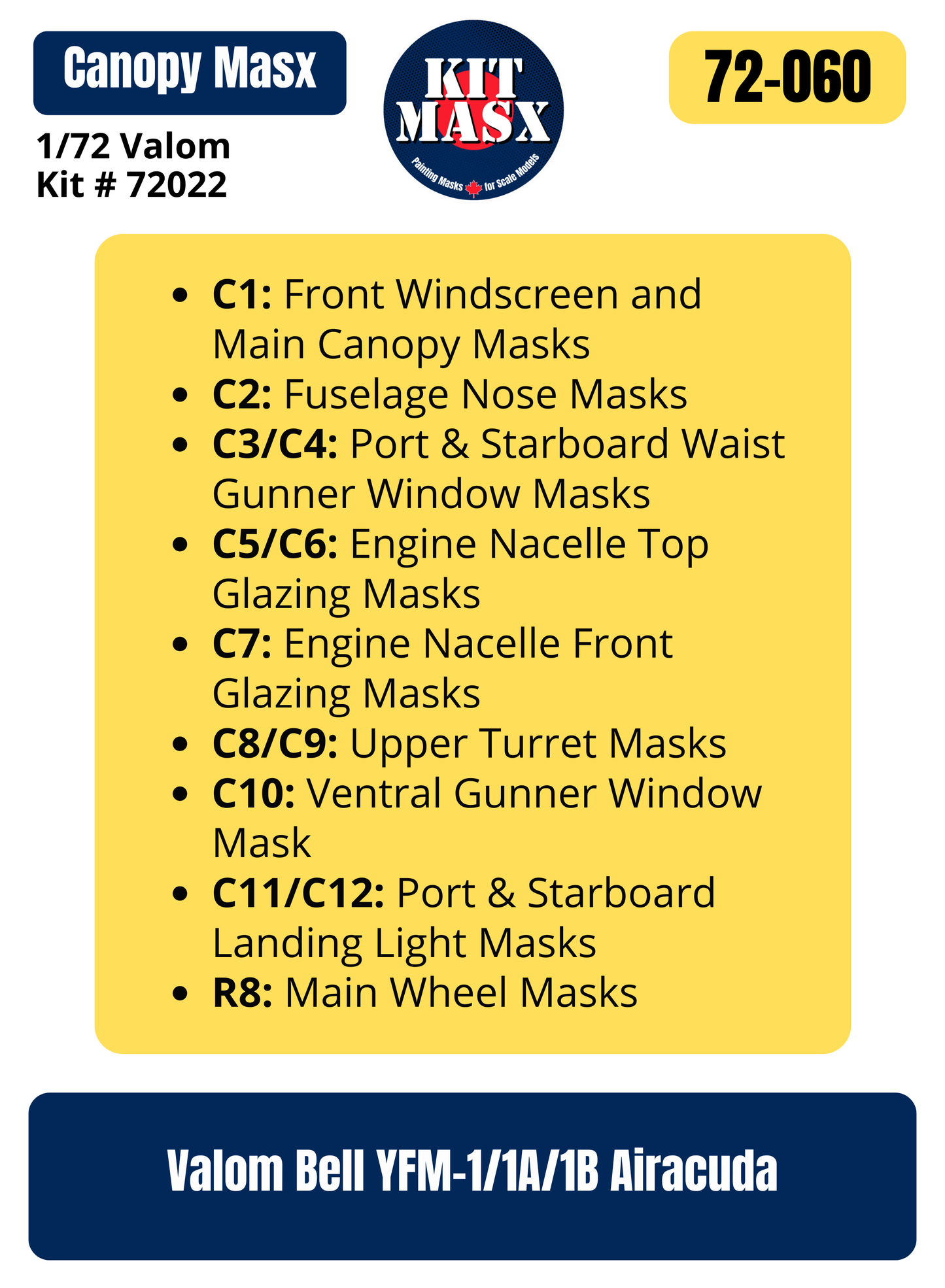 Valom Bell YFM-1/1A/1B Airacuda 1/72 Canopy & Wheel Paint Masks, Kit # 72022