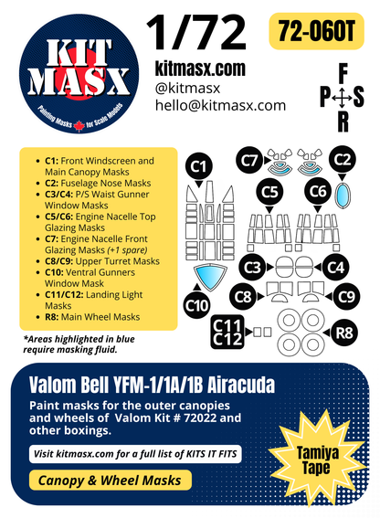 Valom Bell YFM-1/1A/1B Airacuda 1/72 Canopy & Wheel Paint Masks, Kit # 72022