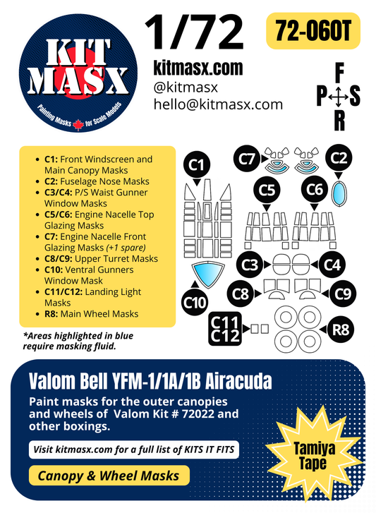 Valom Bell YFM-1/1A/1B Airacuda 1/72 Canopy & Wheel Paint Masks, Kit # 72022