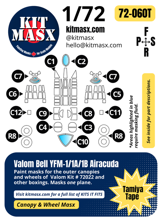 Valom Bell YFM-1/1A/1B Airacuda 1/72 Canopy & Wheel Paint Masks, Kit # 72022
