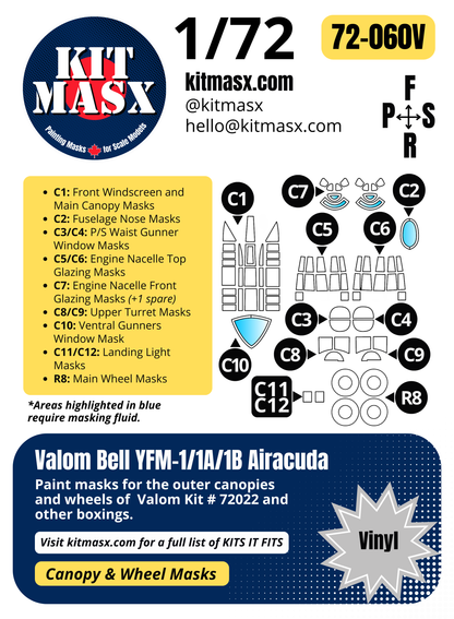 Valom Bell YFM-1/1A/1B Airacuda 1/72 Canopy & Wheel Paint Masks, Kit # 72022
