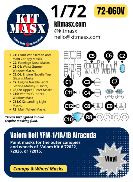 Valom Bell YFM-1/1A/1B Airacuda 1/72 Canopy & Wheel Paint Masks, Kit # 72022