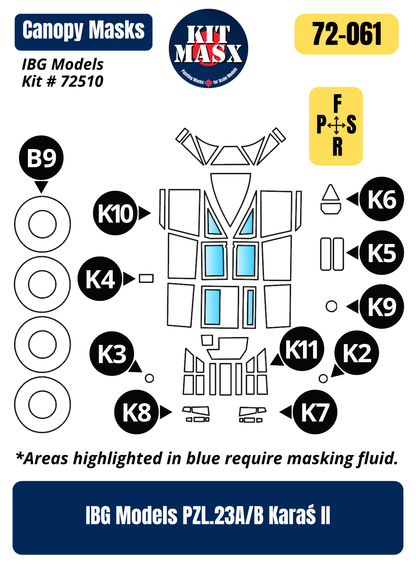 IBG Models PZL.23A/B Karaś II 1/72 Canopy & Wheel Paint Masks, Kit # 72510