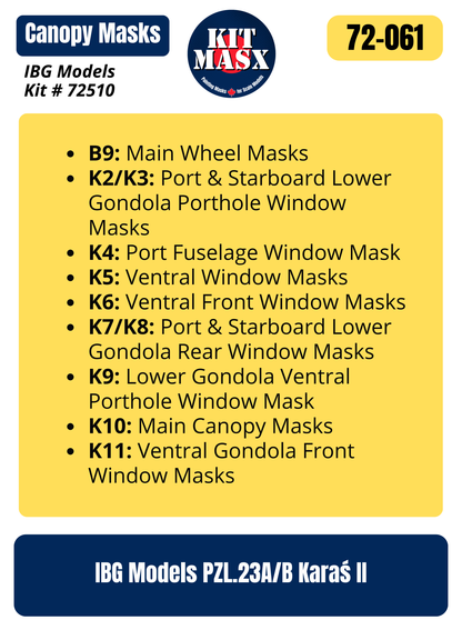 IBG Models PZL.23A/B Karaś II 1/72 Canopy & Wheel Paint Masks, Kit # 72510