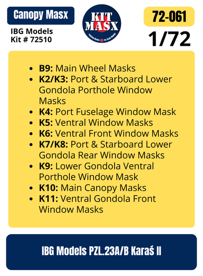 IBG Models PZL.23A/B Karaś II 1/72 Canopy & Wheel Paint Masks, Kit # 72510 (72061)