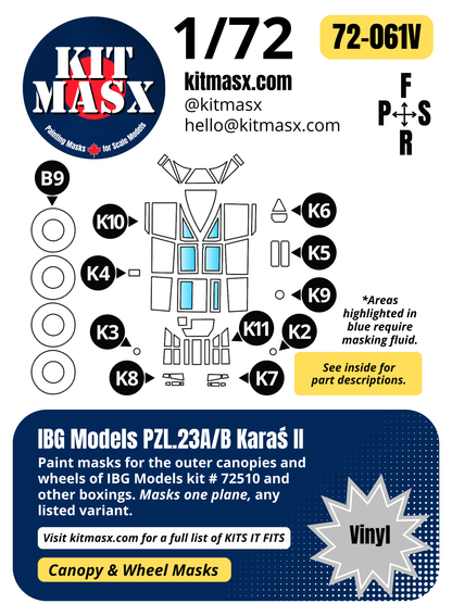 IBG Models PZL.23A/B Karaś II 1/72 Canopy & Wheel Paint Masks, Kit # 72510