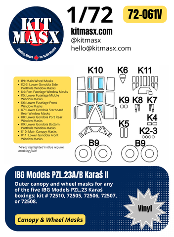 IBG Models PZL.23A/B Karaś II 1/72 Canopy & Wheel Paint Masks, Kit # 72510