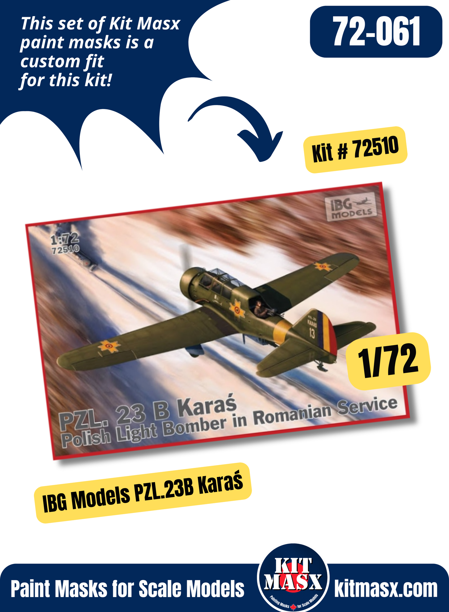 IBG Models PZL.23A/B Karaś II 1/72 Canopy & Wheel Paint Masks, Kit # 72510