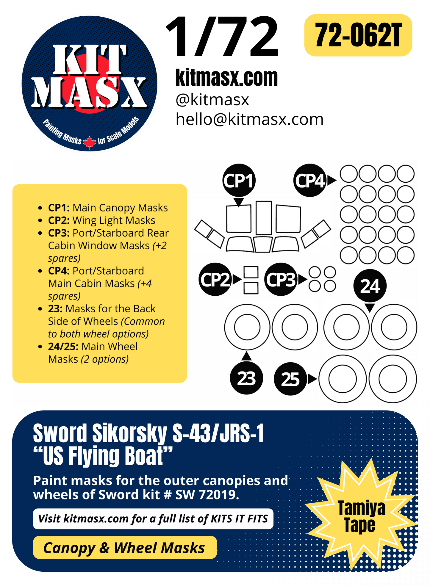 Sword Sikorsky S-43/JRS-1 "US Flying Boat" 1/72 Canopy & Wheel Paint Masks, Kit # SW72019