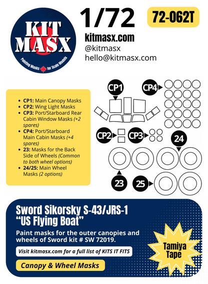 Sword Sikorsky S-43/JRS-1 "US Flying Boat" 1/72 Canopy & Wheel Paint Masks, Kit # SW72019