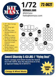 Sword Sikorsky S-43/JRS-1 "Flying Boat" 1/72 Canopy & Wheel Paint Masks, Kit # SW 72019