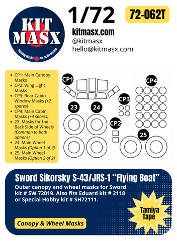 Sword Sikorsky S-43/JRS-1 "Flying Boat" 1/72 Canopy & Wheel Paint Masks, Kit # SW 72019