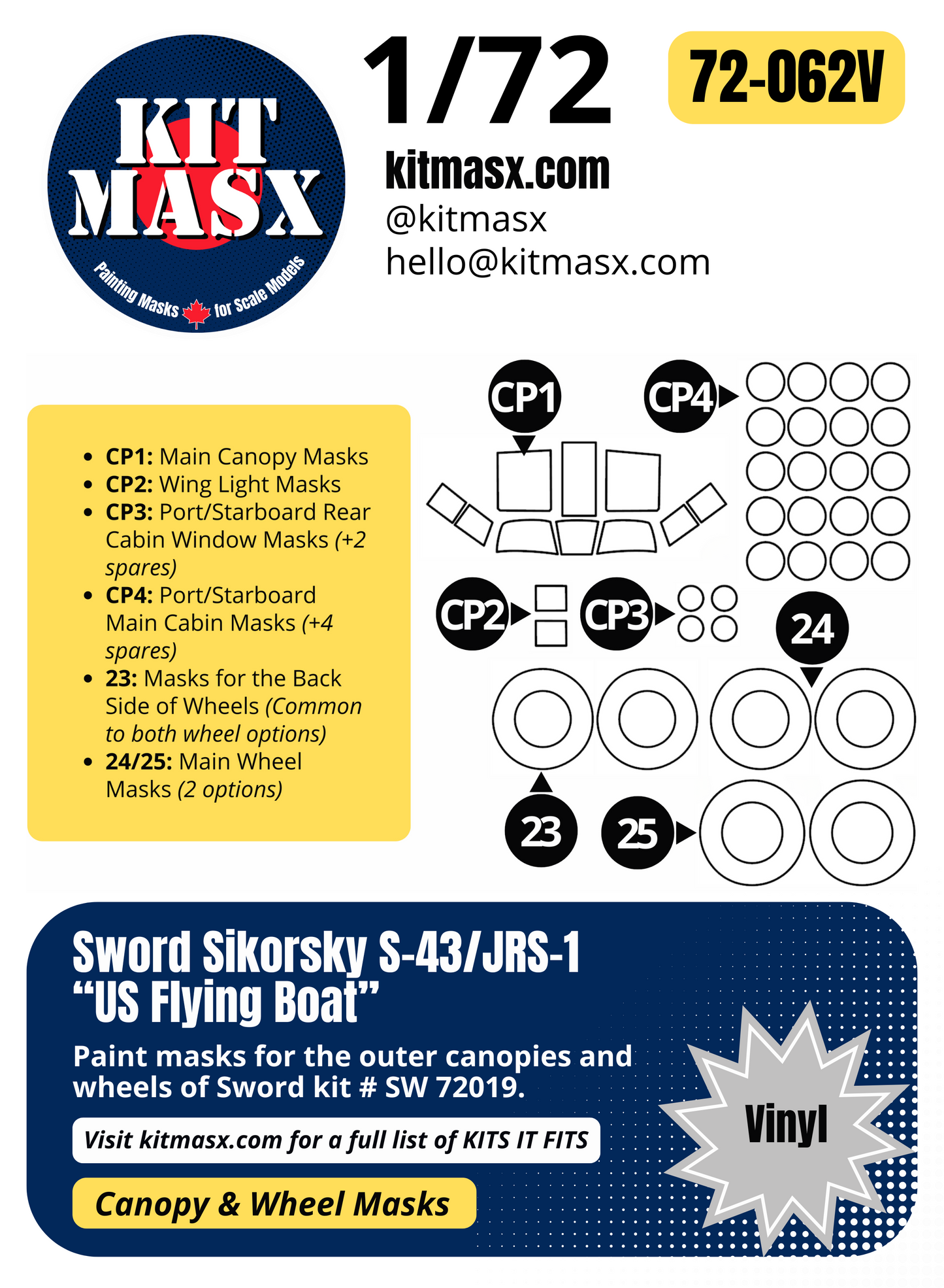 Sword Sikorsky S-43/JRS-1 "US Flying Boat" 1/72 Canopy & Wheel Paint Masks, Kit # SW72019