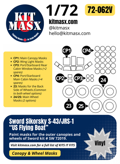 Sword Sikorsky S-43/JRS-1 "US Flying Boat" 1/72 Canopy & Wheel Paint Masks, Kit # SW72019