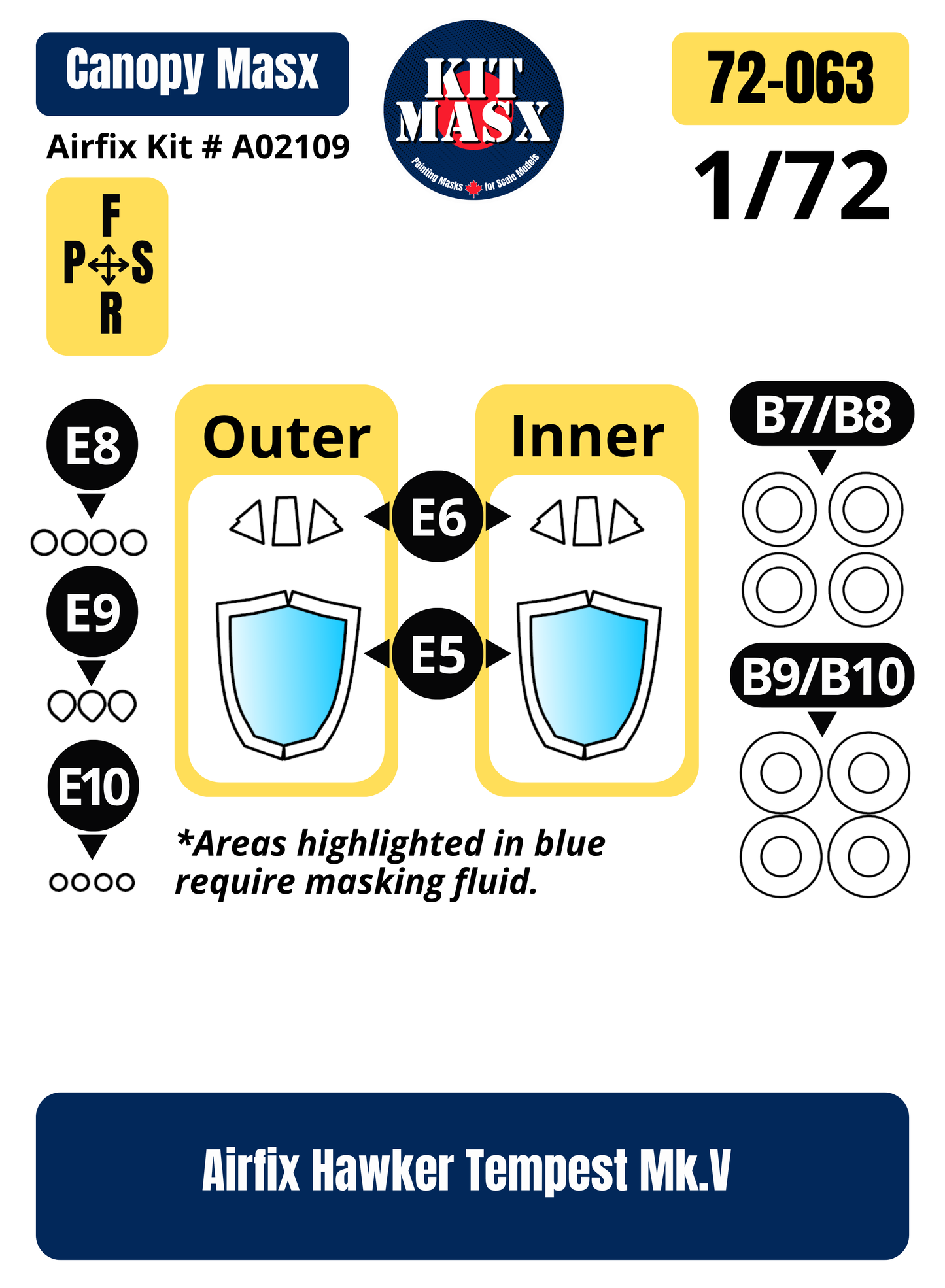 Airfix Hawker Tempest Mk.V 1/72 Canopy & Wheel Paint Masks, Kit # A02109 (72063)