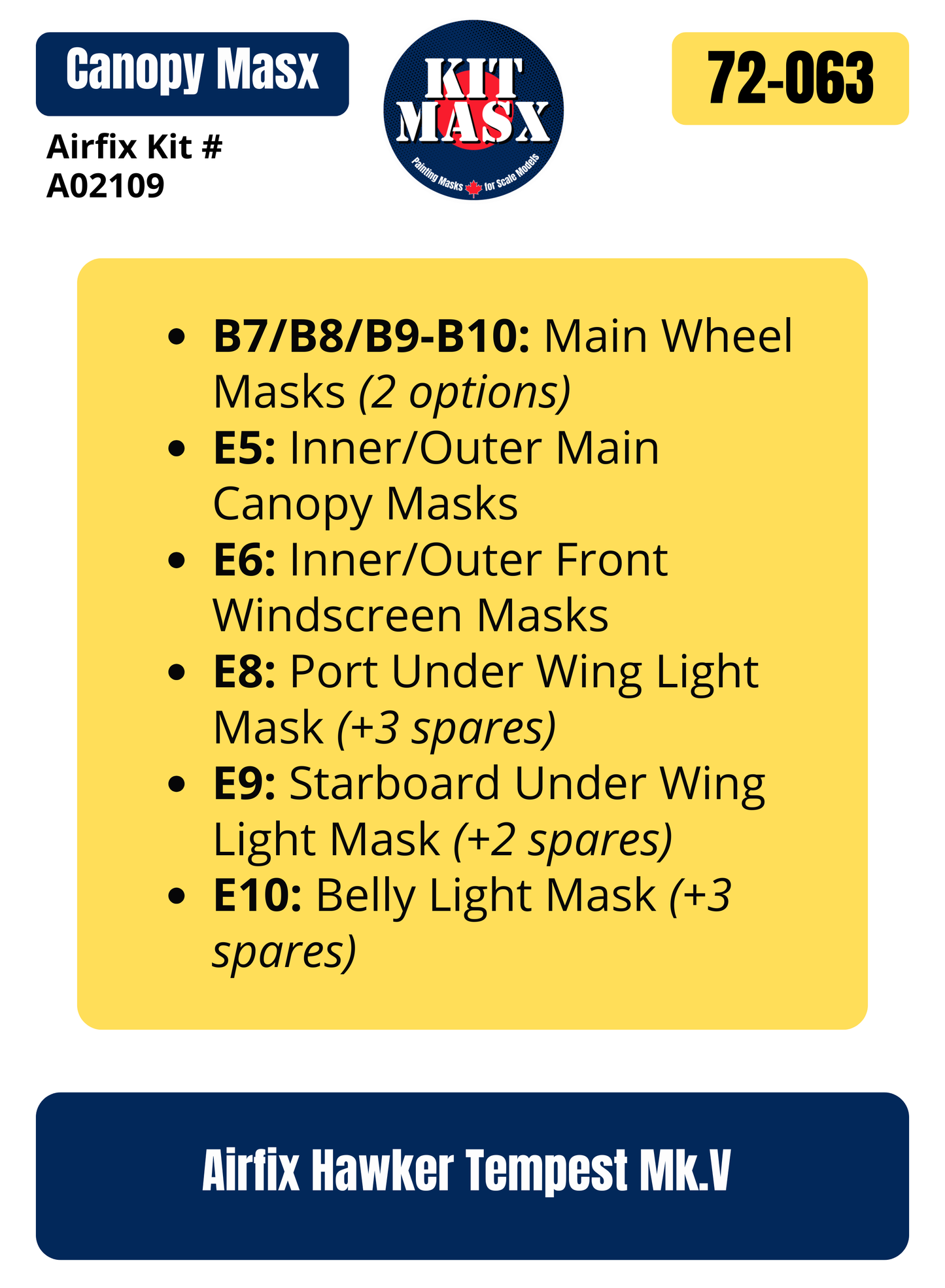 Airfix Hawker Tempest Mk.V 1/72 Canopy & Wheel Paint Masks, Kit # A02109