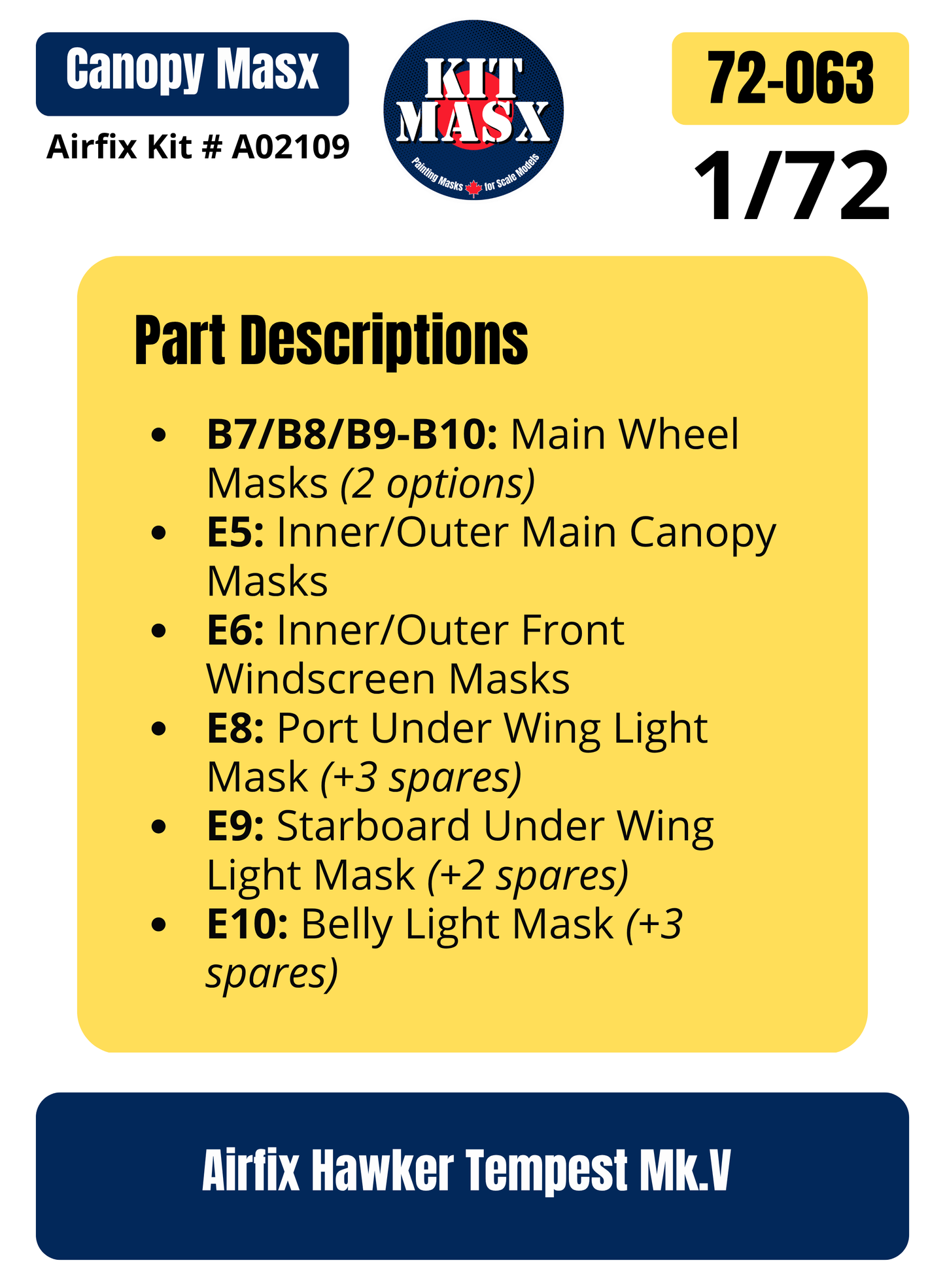 Airfix Hawker Tempest Mk.V 1/72 Canopy & Wheel Paint Masks, Kit # A02109 (72063)
