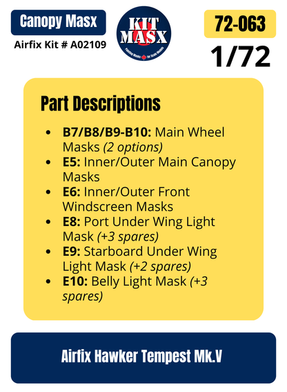 Airfix Hawker Tempest Mk.V 1/72 Canopy & Wheel Paint Masks, Kit # A02109 (72063)