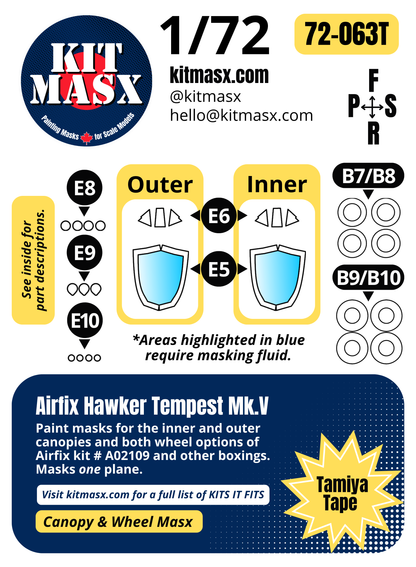 Airfix Hawker Tempest Mk.V 1/72 Canopy & Wheel Paint Masks, Kit # A02109 (72063)