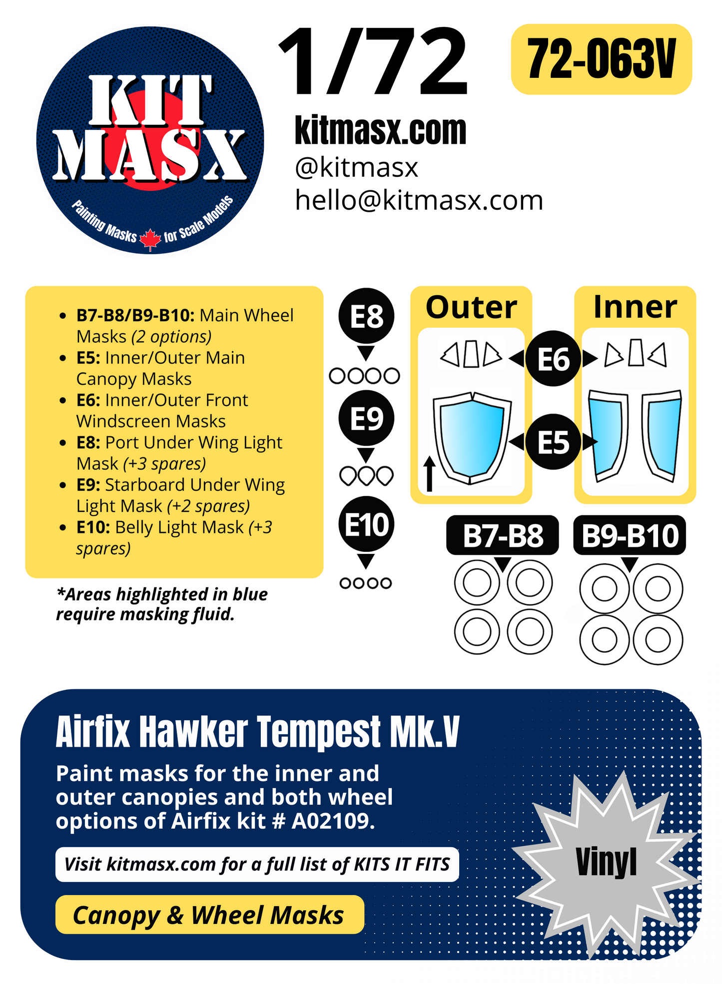 Airfix Hawker Tempest Mk.V 1/72 Canopy & Wheel Paint Masks, Kit # A02109