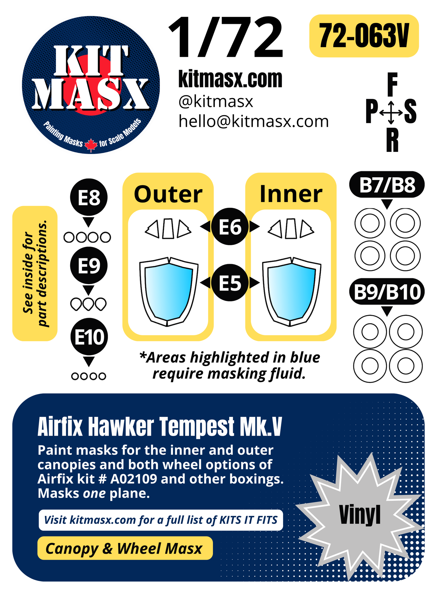 Airfix Hawker Tempest Mk.V 1/72 Canopy & Wheel Paint Masks, Kit # A02109 (72063)