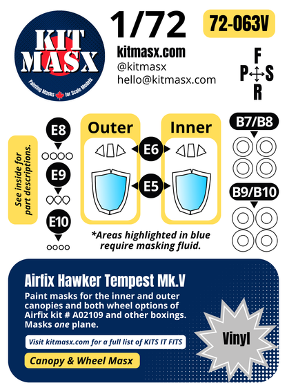 Airfix Hawker Tempest Mk.V 1/72 Canopy & Wheel Paint Masks, Kit # A02109 (72063)