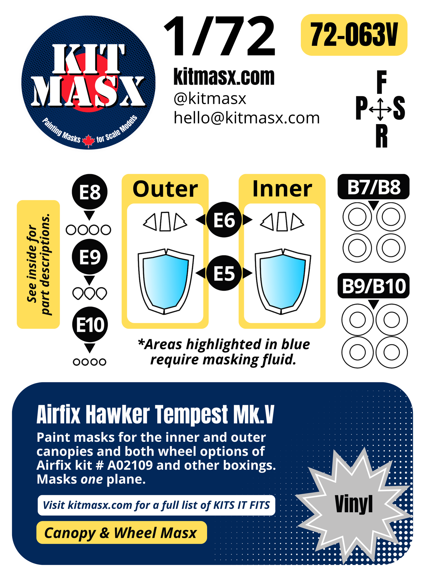 Airfix Hawker Tempest Mk.V 1/72 Canopy & Wheel Paint Masks, Kit # A02109
