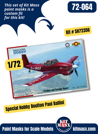 Special Hobby Boulton Paul Balliol T.2/ Sea Balliol T.21 1/72 Canopy & Wheel Paint Masks, Kit # SH72356 (72064)