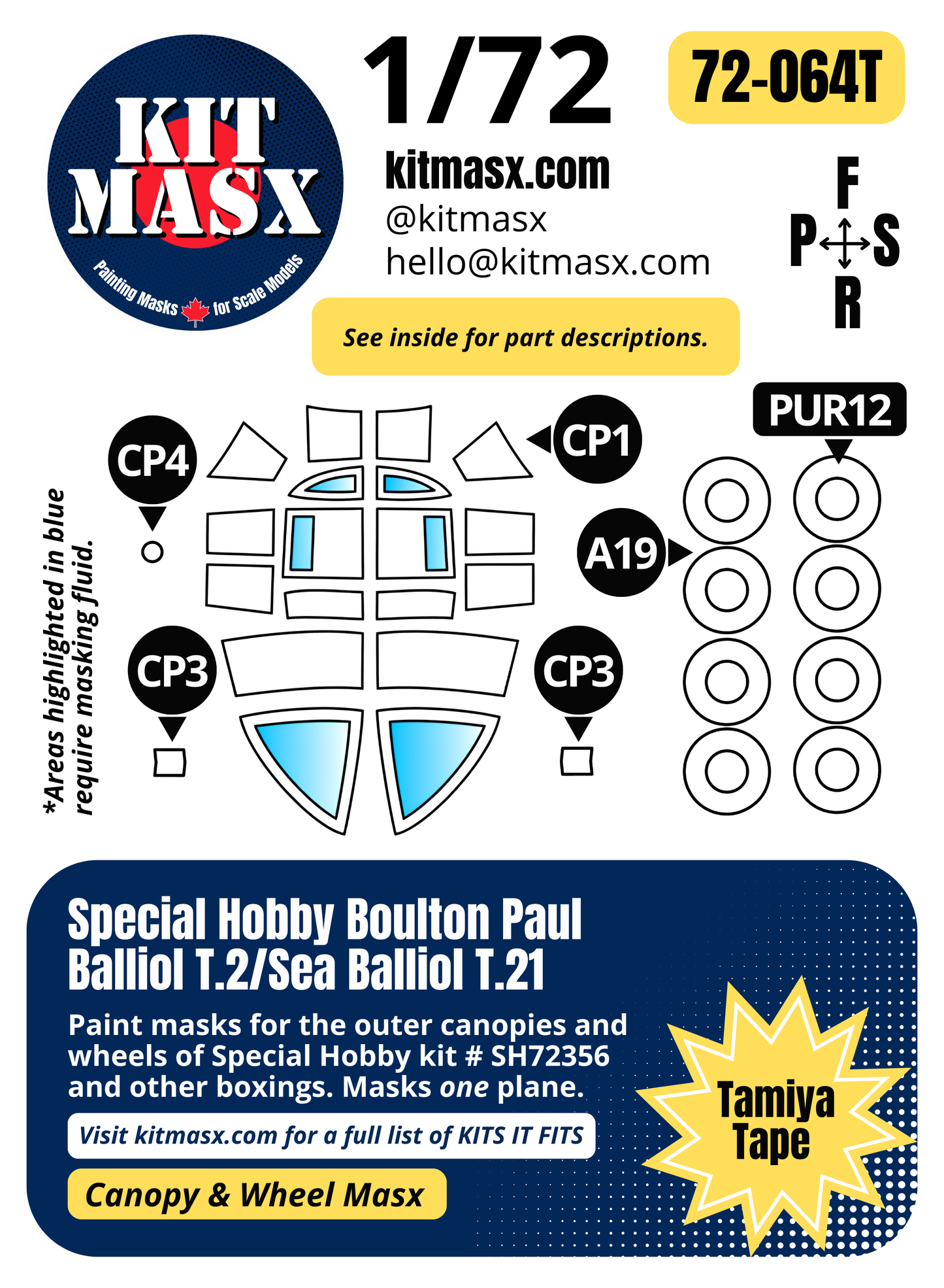 Special Hobby Boulton Paul Balliol T.2/ Sea Balliol T.21 1/72 Canopy & Wheel Paint Masks, Kit # SH72356 (72064)