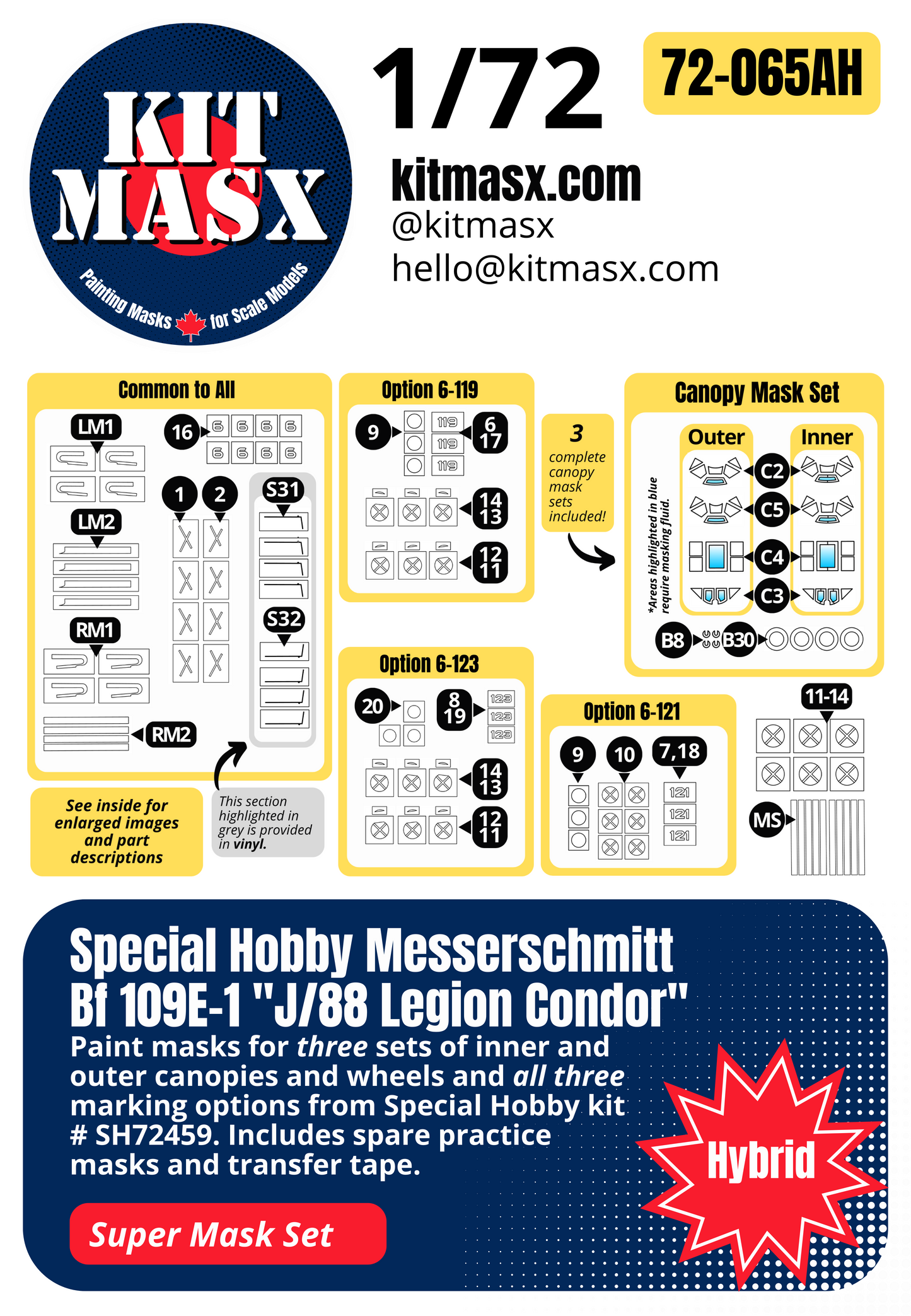 Special Hobby Messerschmitt Bf 109E-1 "J/88 Legion Condor" 1/72 3-in-1 Super Mask Set, Kit # SH72459