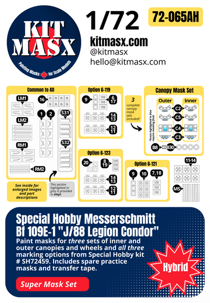 Special Hobby Messerschmitt Bf 109E-1 "J/88 Legion Condor" 1/72 3-in-1 Super Mask Set, Kit # SH72459