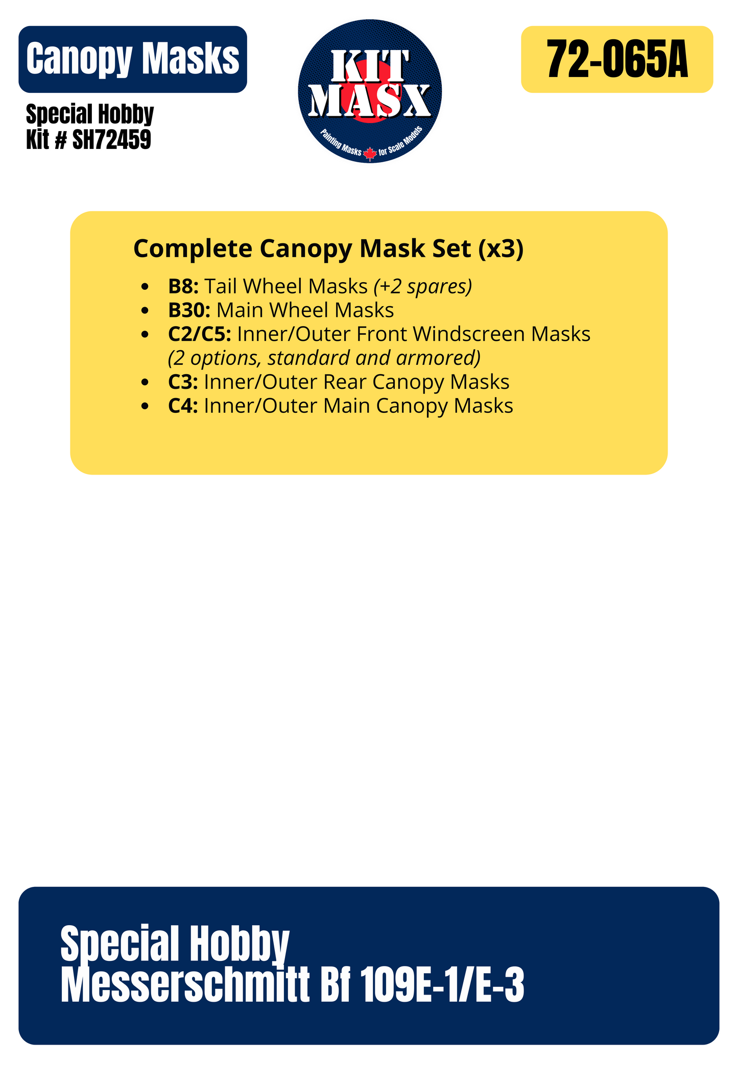 Special Hobby Messerschmitt Bf 109E-1 "J/88 Legion Condor" 1/72 3-in-1 Super Mask Set, Kit # SH72459