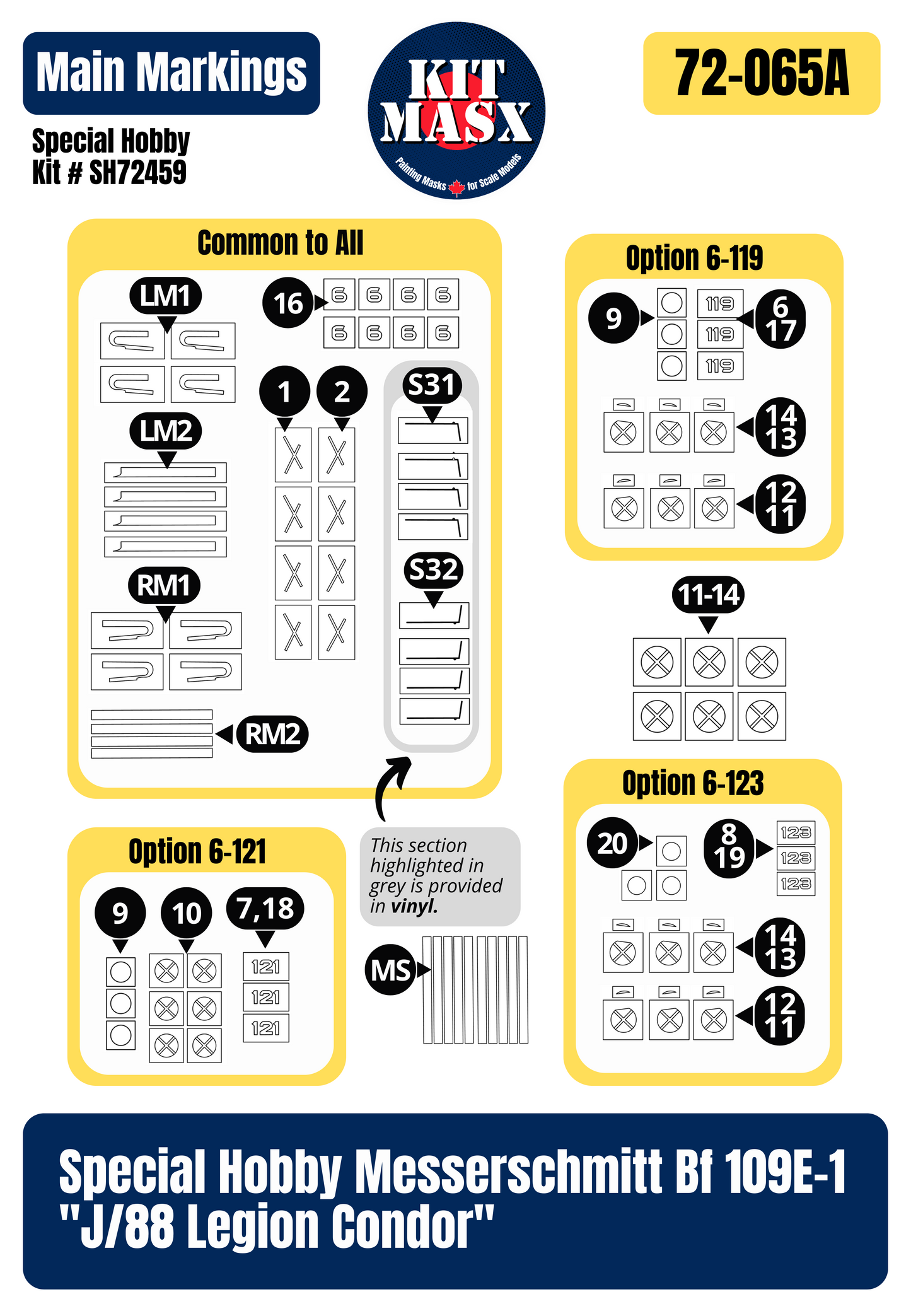 Special Hobby Messerschmitt Bf 109E-1 "J/88 Legion Condor" 1/72 3-in-1 Super Mask Set, Kit # SH72459