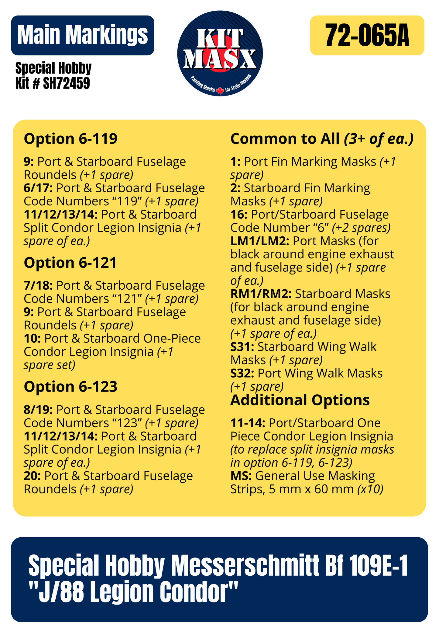 Special Hobby Messerschmitt Bf 109E-1 "J/88 Legion Condor" 1/72 3-in-1 Super Mask Set, Kit # SH72459
