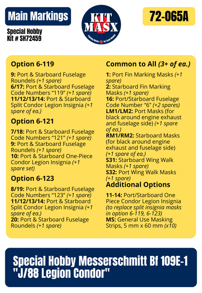 Special Hobby Messerschmitt Bf 109E-1 "J/88 Legion Condor" 1/72 3-in-1 Super Mask Set, Kit # SH72459