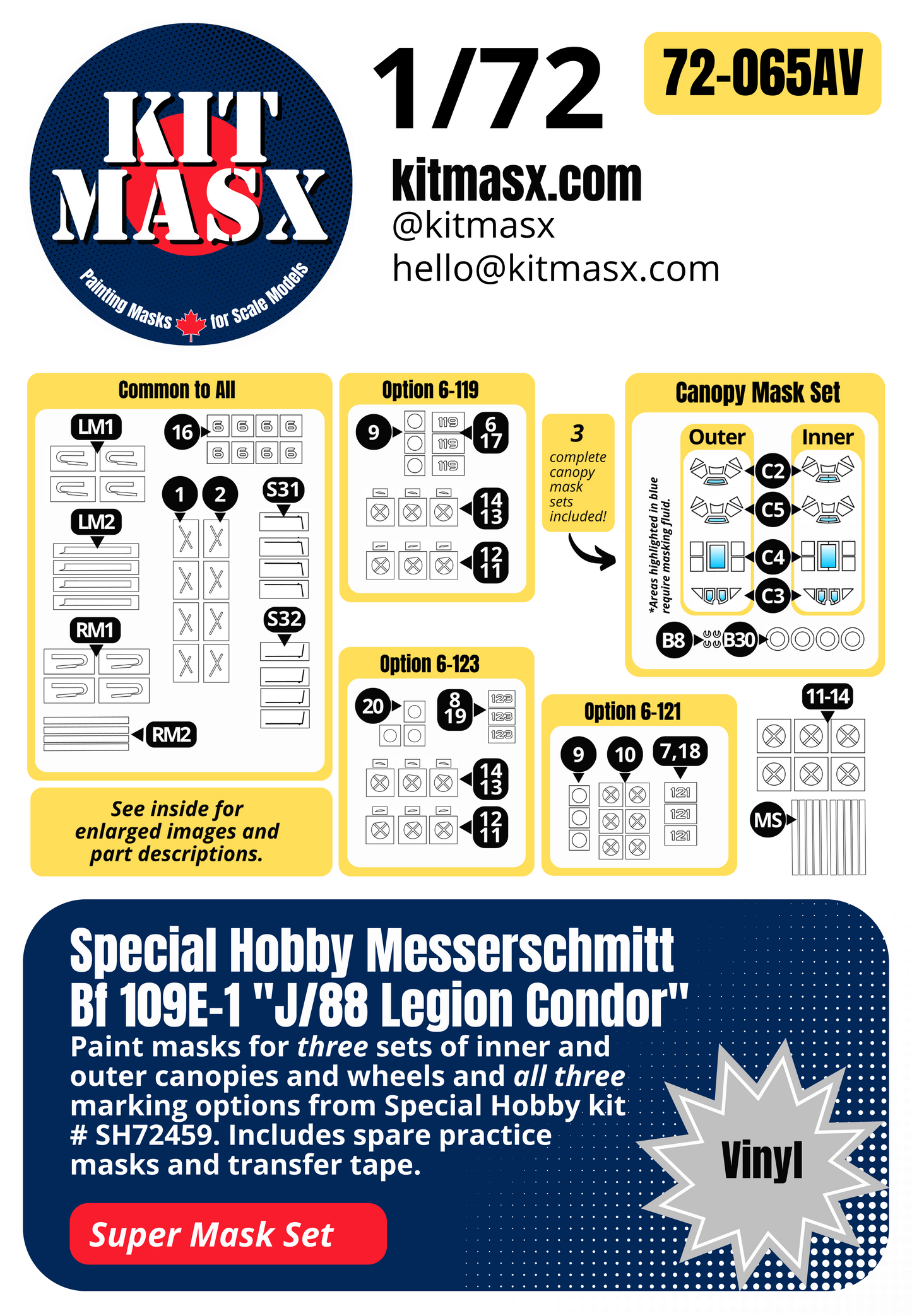 Special Hobby Messerschmitt Bf 109E-1 "J/88 Legion Condor" 1/72 3-in-1 Super Mask Set, Kit # SH72459