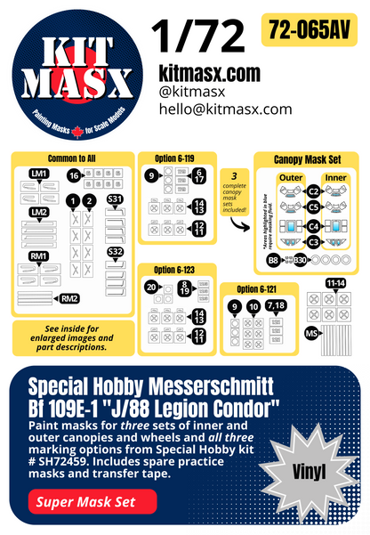 Special Hobby Messerschmitt Bf 109E-1 "J/88 Legion Condor" 1/72 3-in-1 Super Mask Set, Kit # SH72459