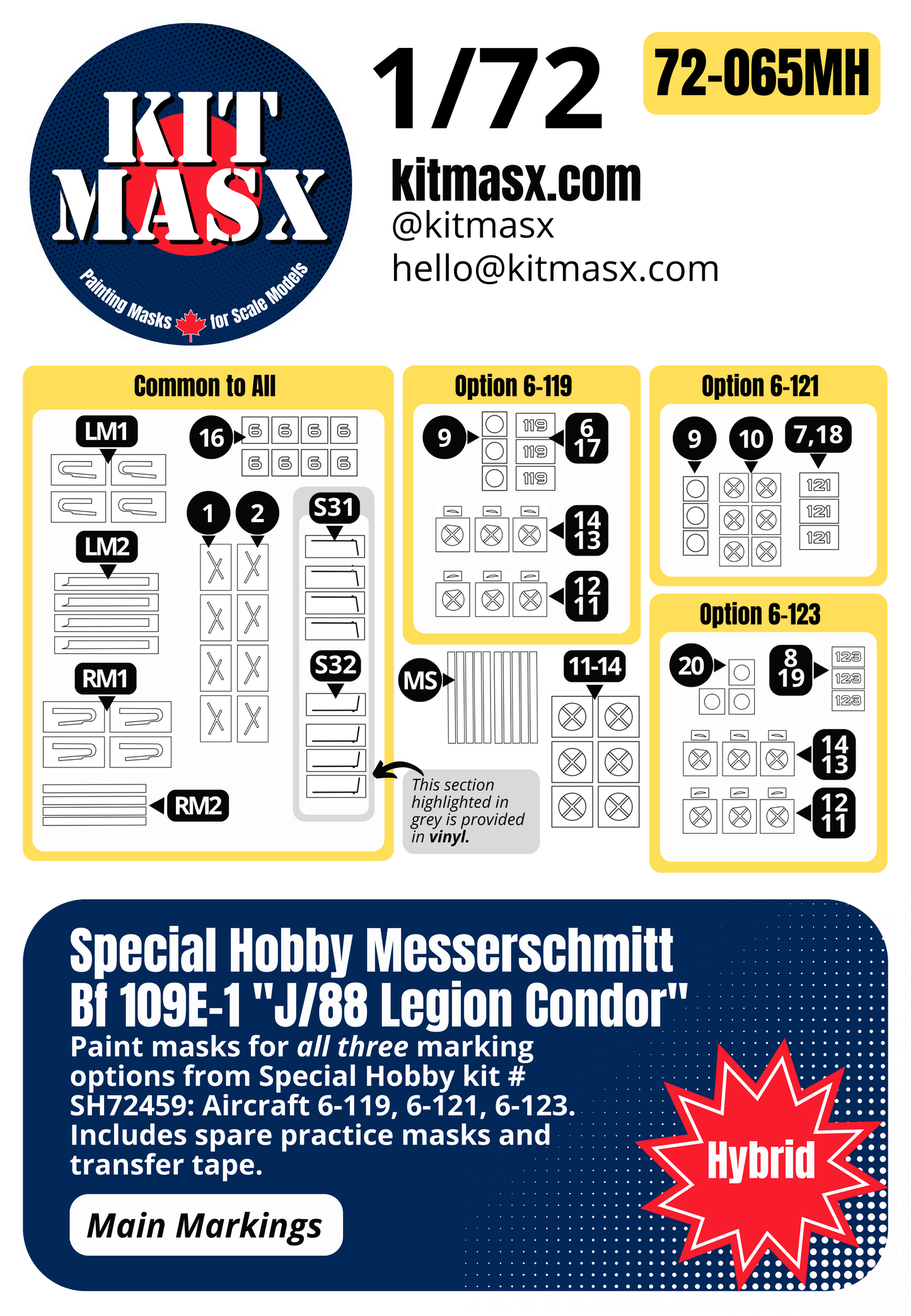 Special Hobby Messerschmitt Bf 109E-1 "J/88 Legion Condor" 1/72 Main Marking Paint Masks, Kit # SH72459